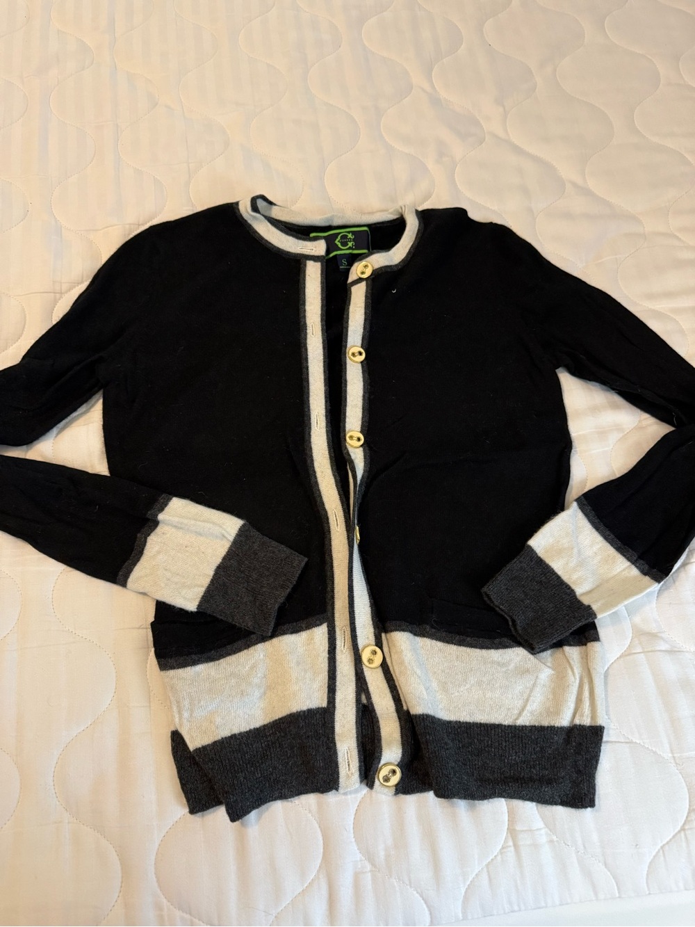 C. Wonder Black Cardigan with Cream and Gray Trim